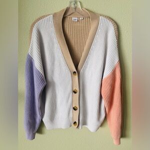 Gap Shaker-StitchColor Block Cream, Purple, & Pink Cardigan Sweater Size: XXL